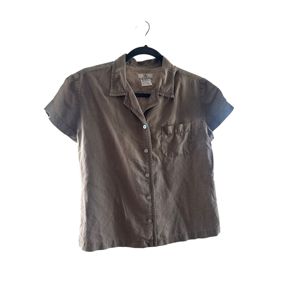 NWB Casuals Linen Cotton Button Down Shirt Brown Short Sleeve Utility Top Small